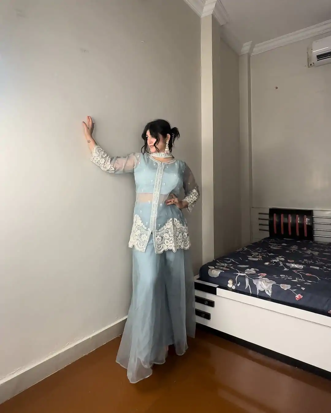 Superb Sky Blue Color Organza Sequence Work Indo-Western Suit - Image 5