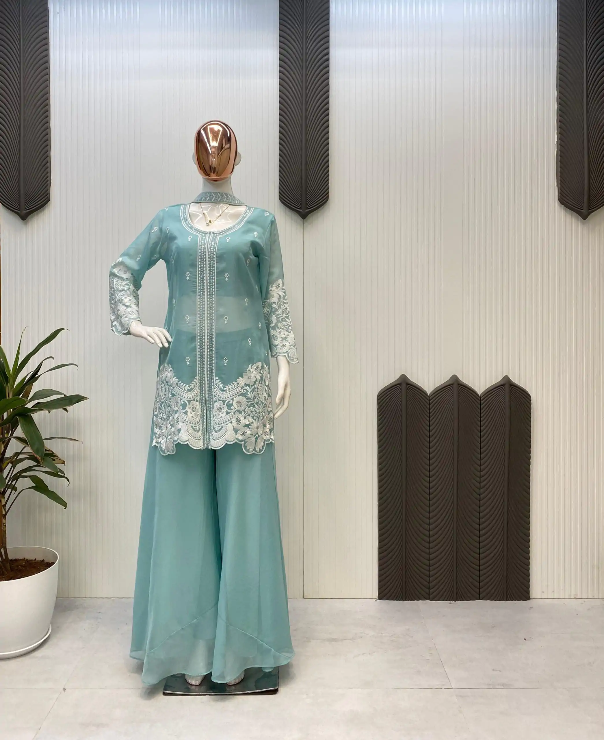 Superb Sky Blue Color Organza Sequence Work Indo-Western Suit - Image 3