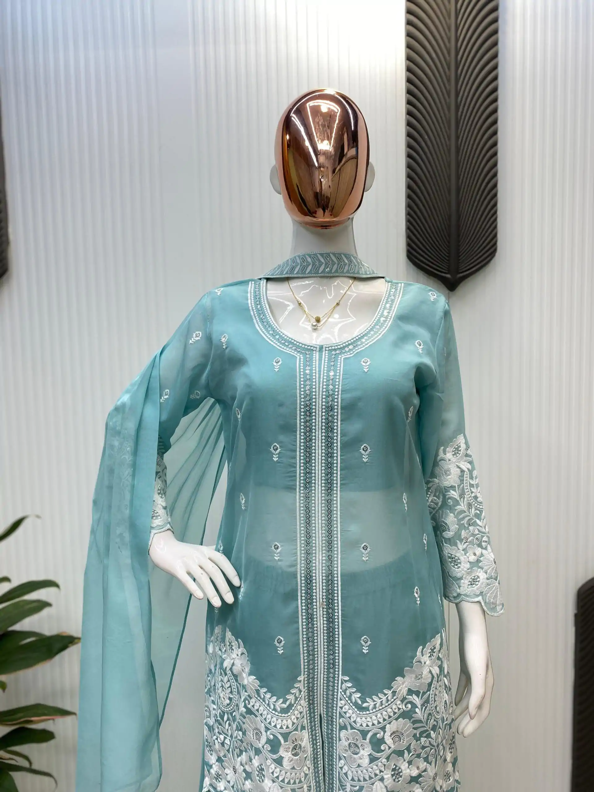Superb Sky Blue Color Organza Sequence Work Indo-Western Suit - Image 4