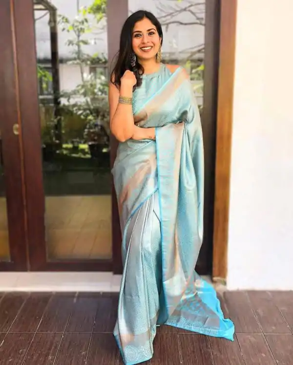Superb Sky Blue Color Soft Lichi Silk Jacquard Work On All Over Saree