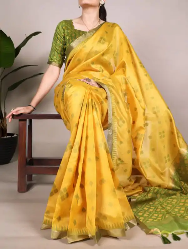 Superb Yellow Color Jacquard Silk Patola Print With Zari Saree