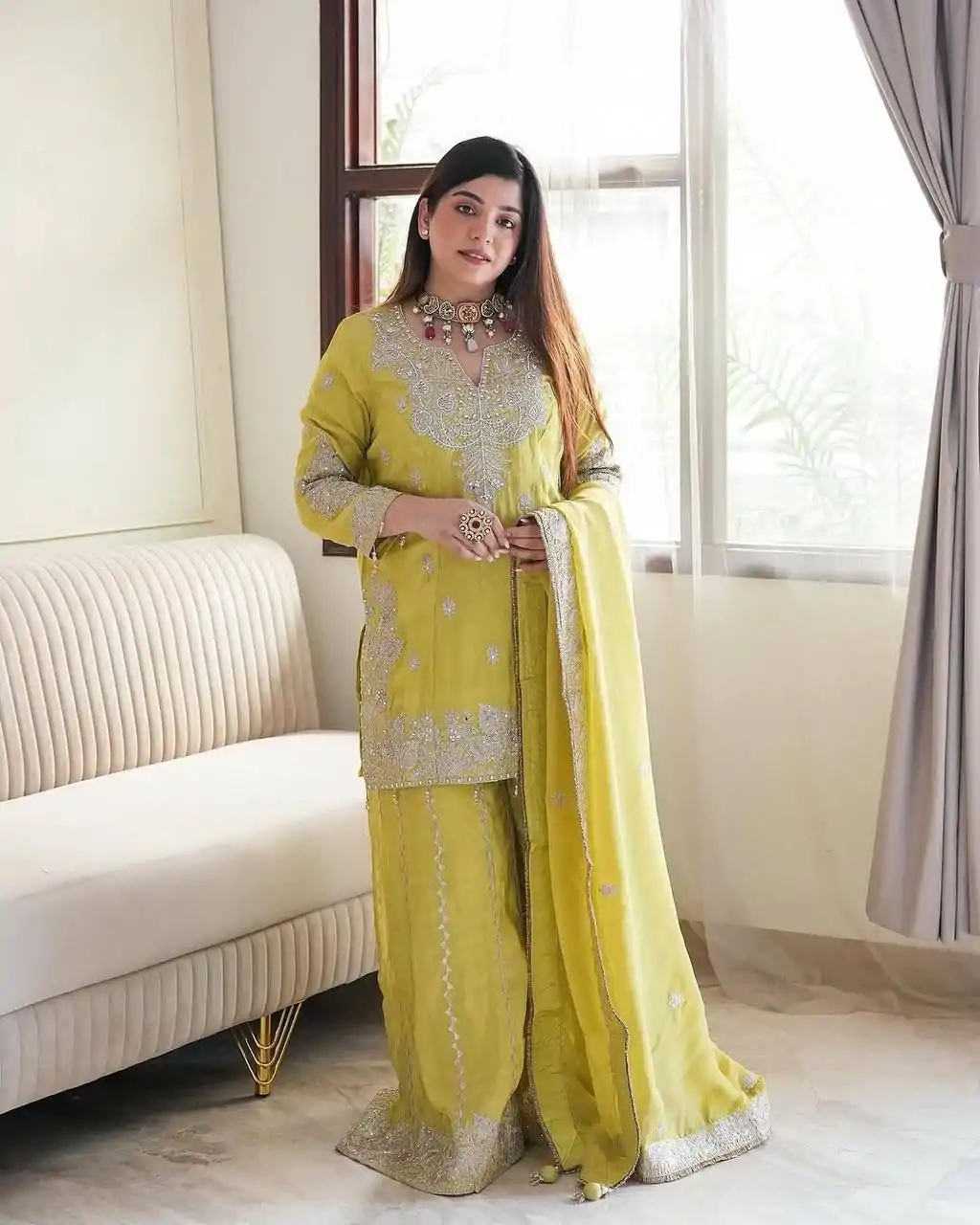 Wonderful Lemon Yellow Color Chinon Sequence Rivet Moti Salwar Suit