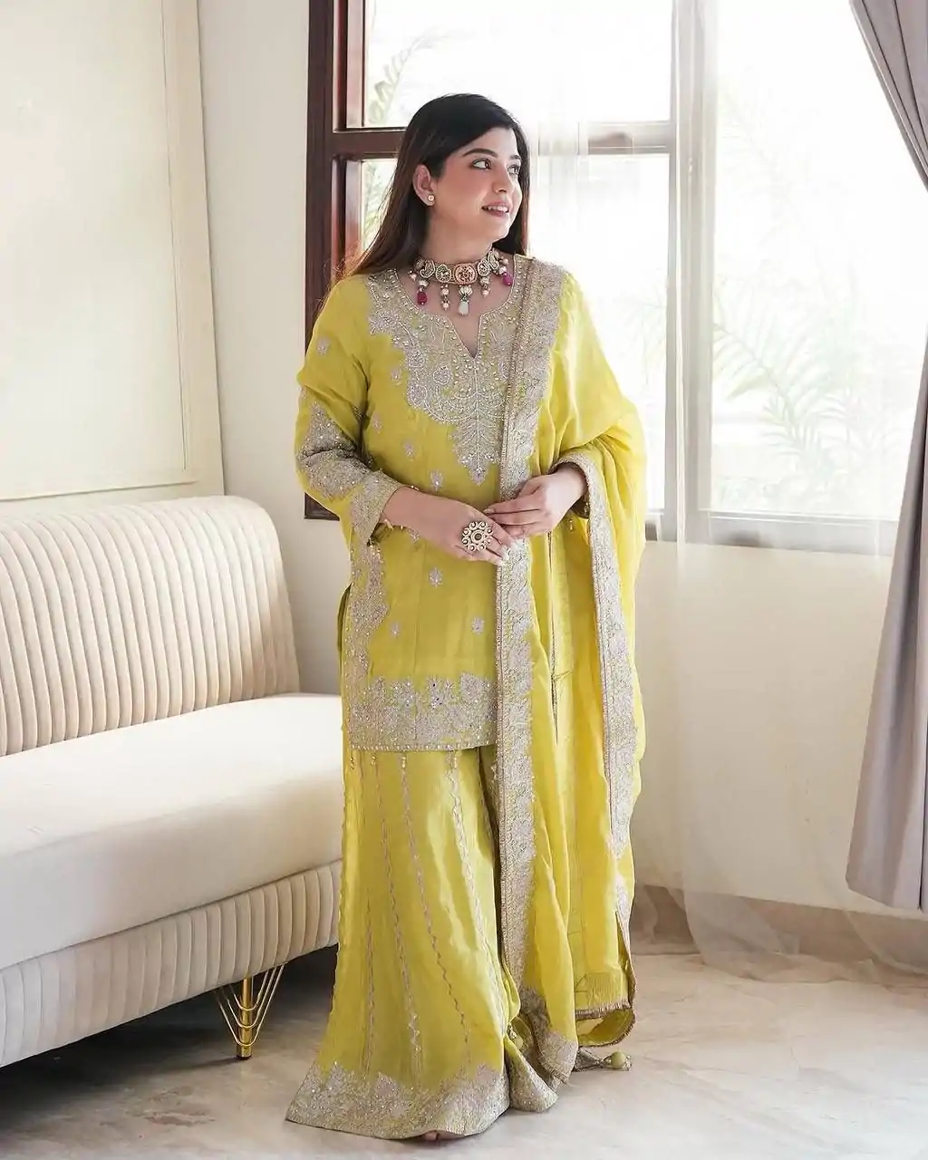 Wonderful Lemon Yellow Color Chinon Sequence Rivet Moti Salwar Suit - Image 2