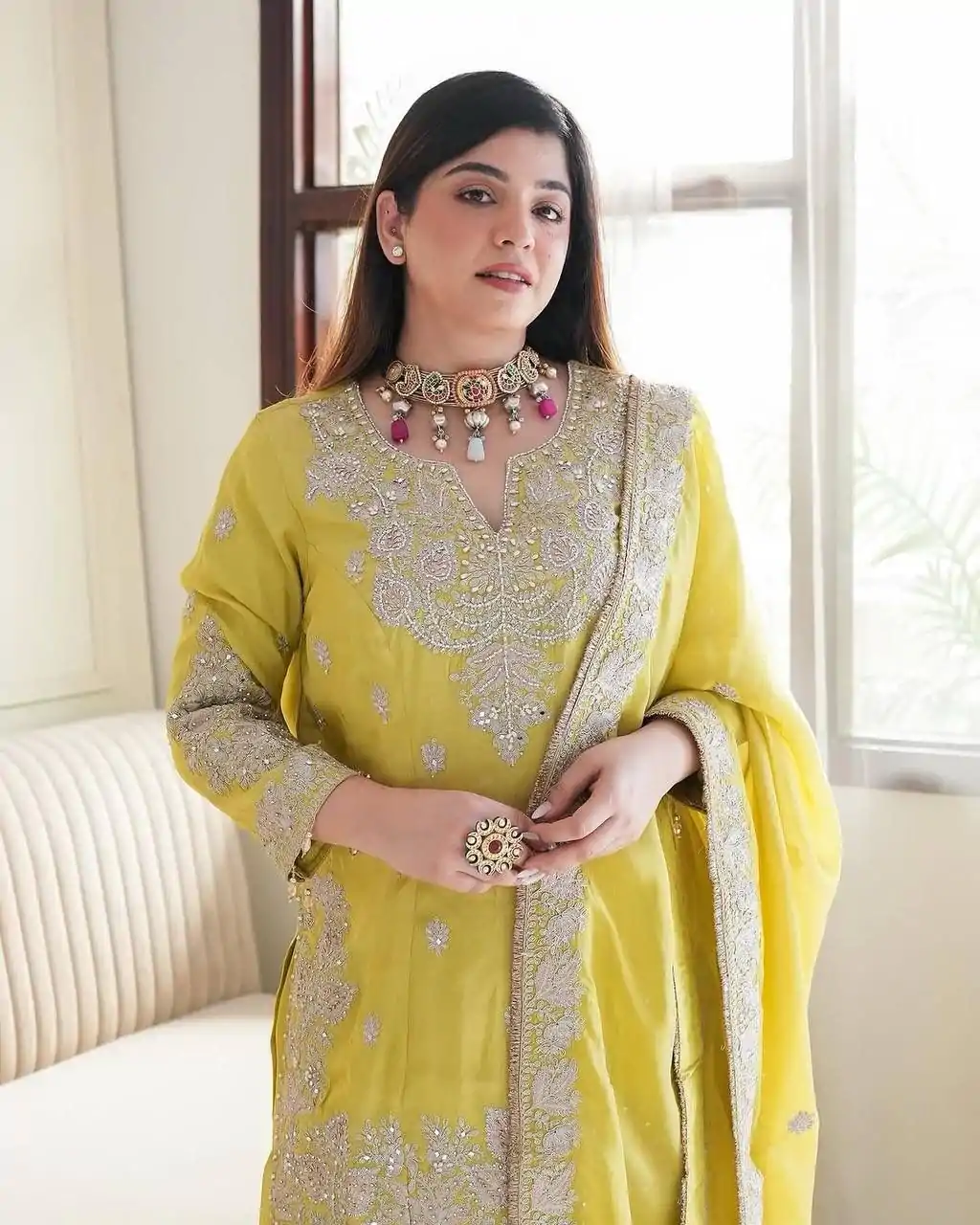 Wonderful Lemon Yellow Color Chinon Sequence Rivet Moti Salwar Suit - Image 3