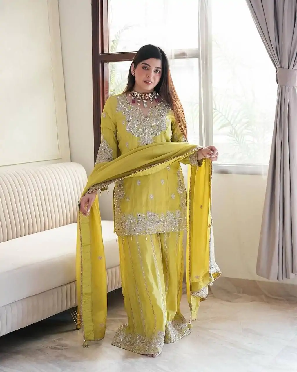 Wonderful Lemon Yellow Color Chinon Sequence Rivet Moti Salwar Suit - Image 4