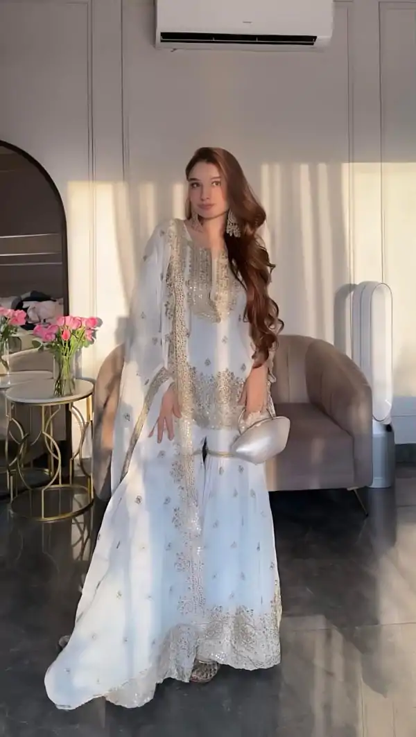 Wonderful White Color Chinon Silk Embroidery Sequence Work Salwar Suit