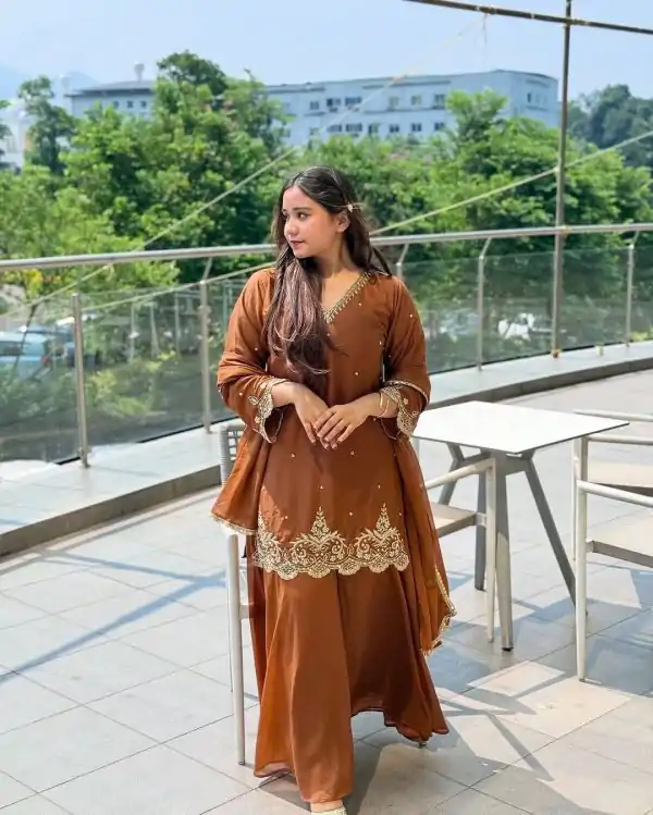 Amazing Rust Color Georgette Sequence Moti Work Salwar Suit