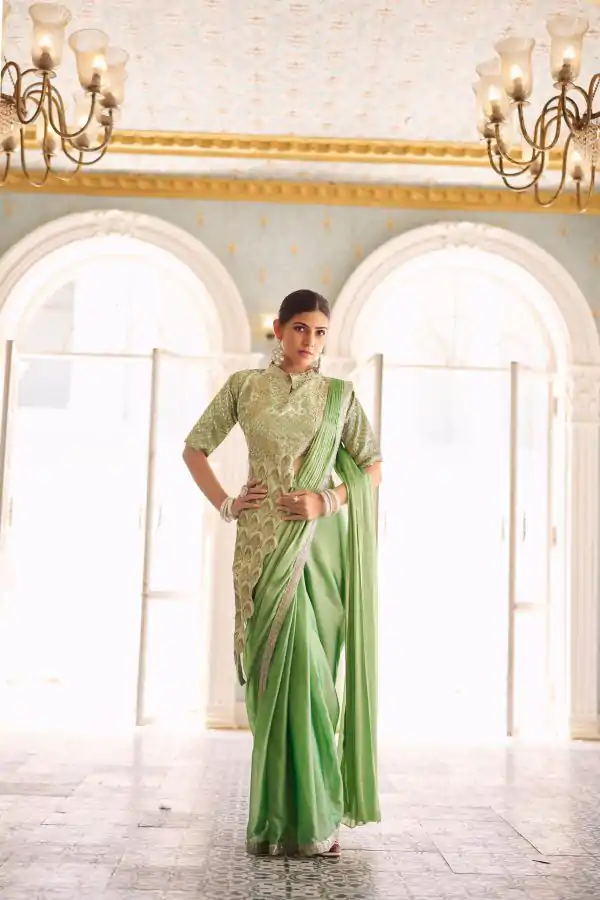 Fantastic Pista Color Chinon Embroidery Work Lace Border Saree
