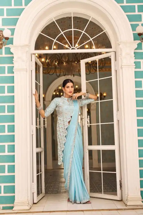 Fantastic Sky Blue Color Chinon Embroidery Work Lace Border Saree