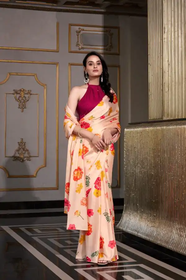 Gorgeous Cream Color Satin Silk Printed Saree