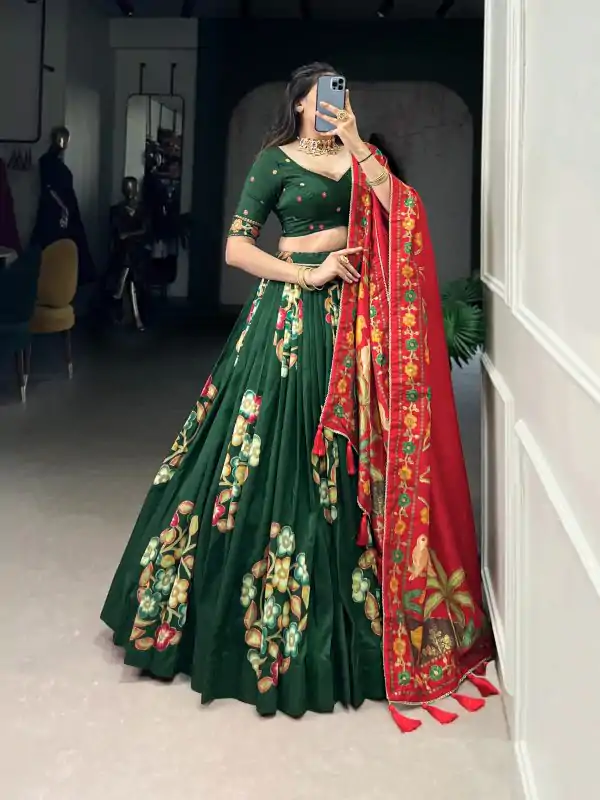 Wonderful Green Color Tushar Silk Printed Foil Work Lehenga Choli