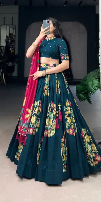 Wonderful Peacock Blue Color Tushar Silk Printed Foil Work Lehenga Choli