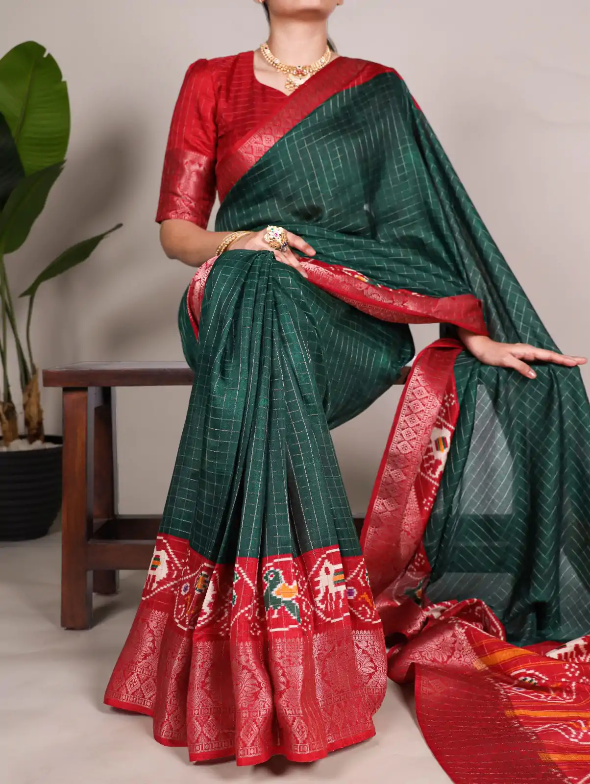 Green Tussar Chex Patola Saree