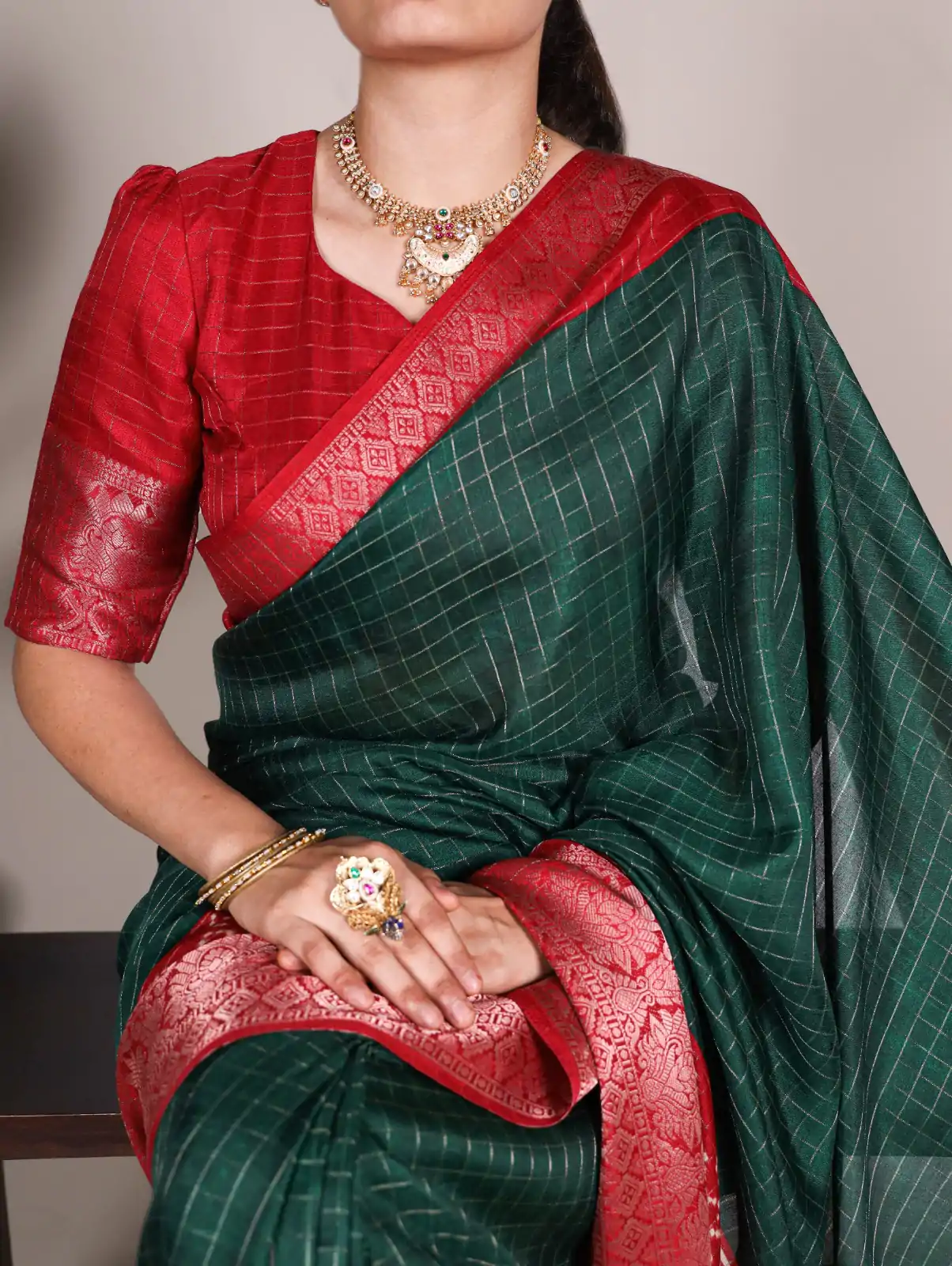 Green Tussar Chex Patola Saree - Image 2