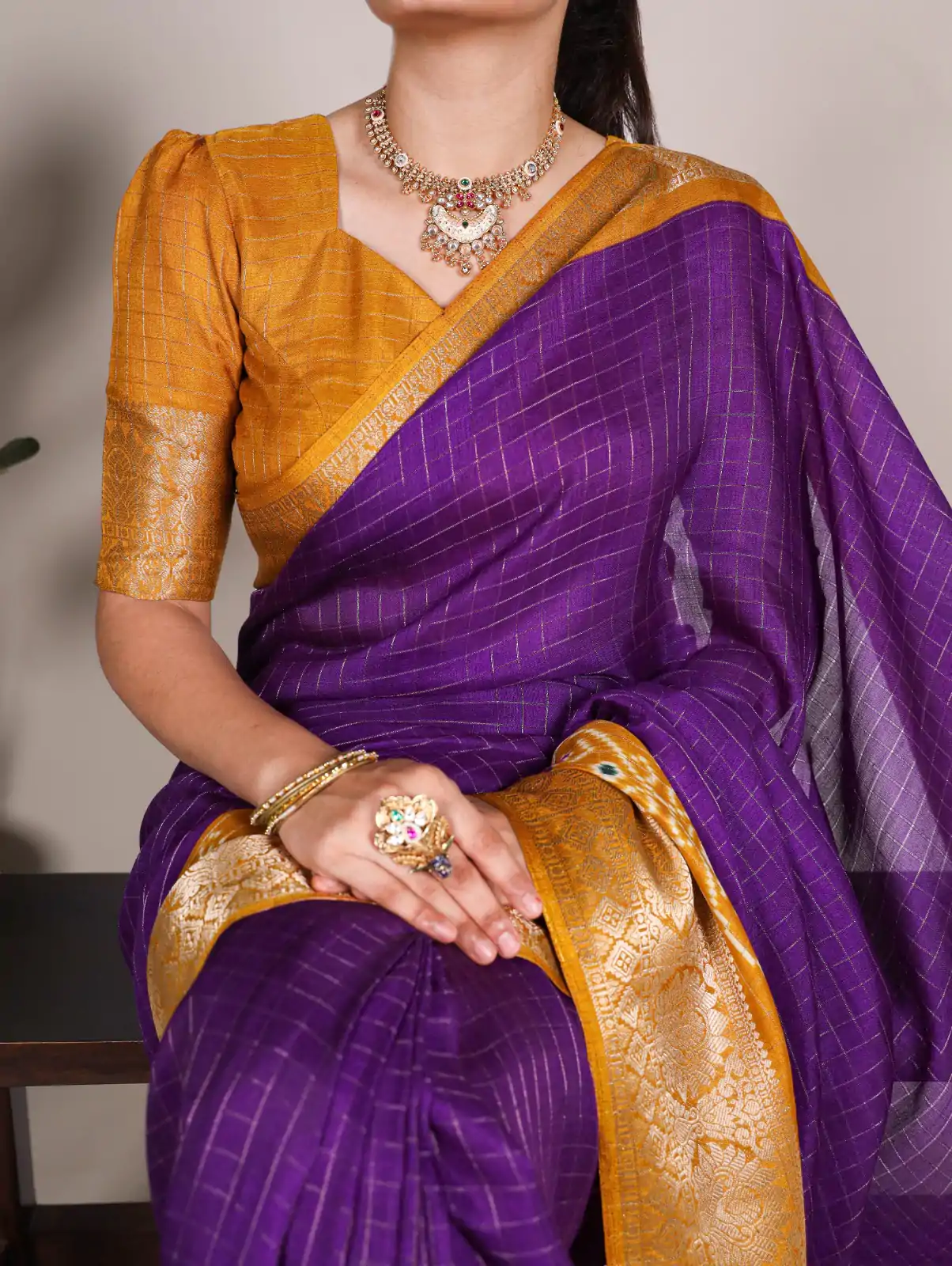 Purple Tussar Chex Patola Saree - Image 2