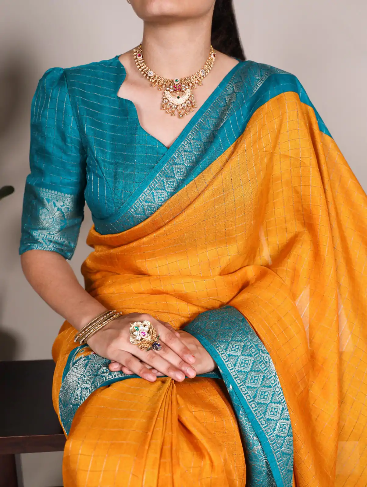 Mustard Tussar Chex Patola Saree - Image 2