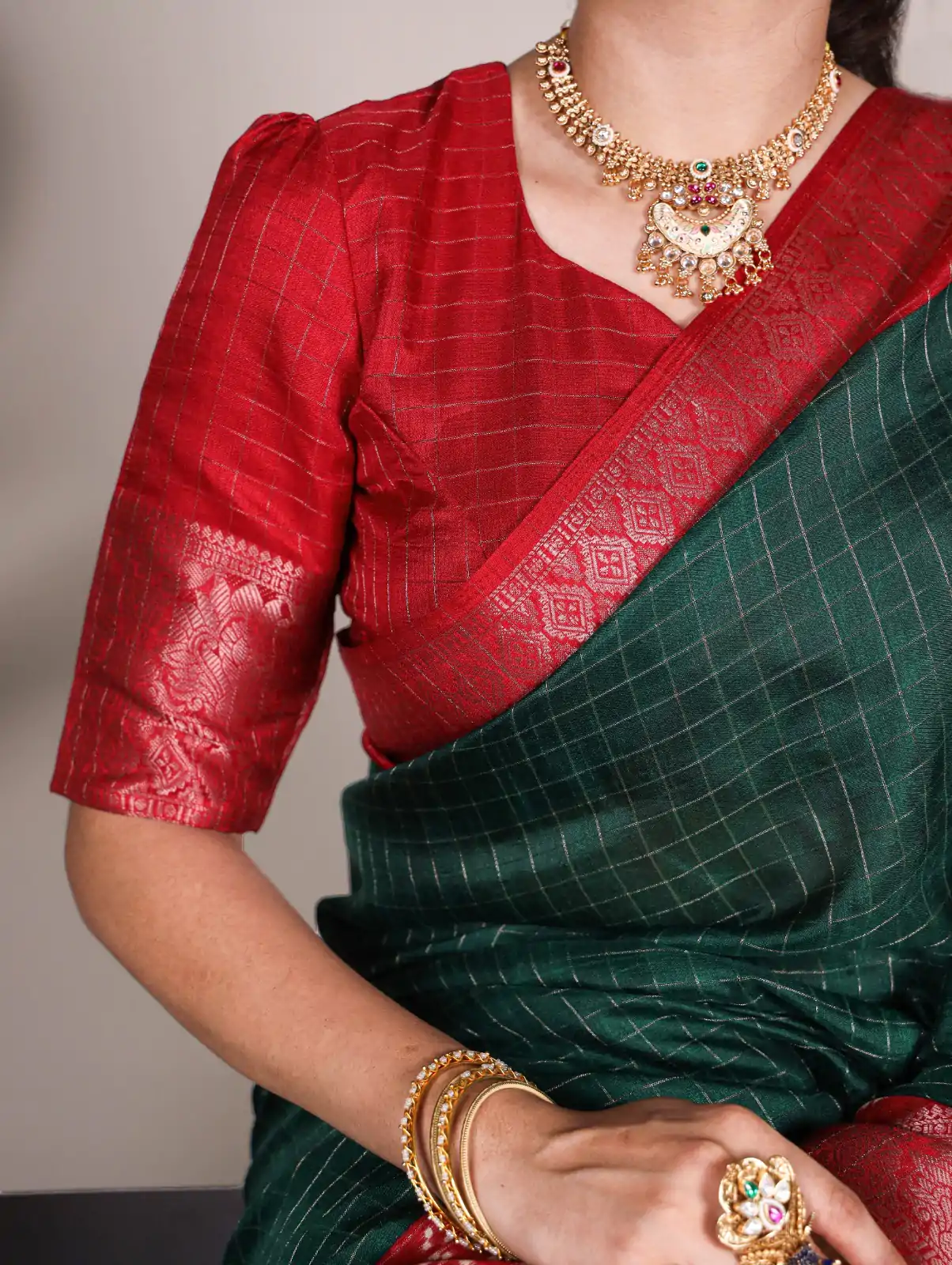 Green Tussar Chex Patola Saree - Image 3