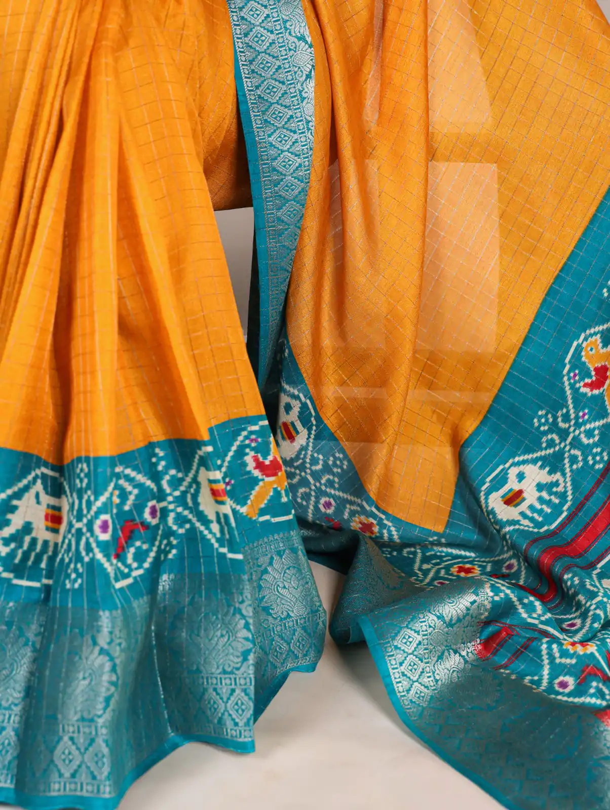 Mustard Tussar Chex Patola Saree - Image 3