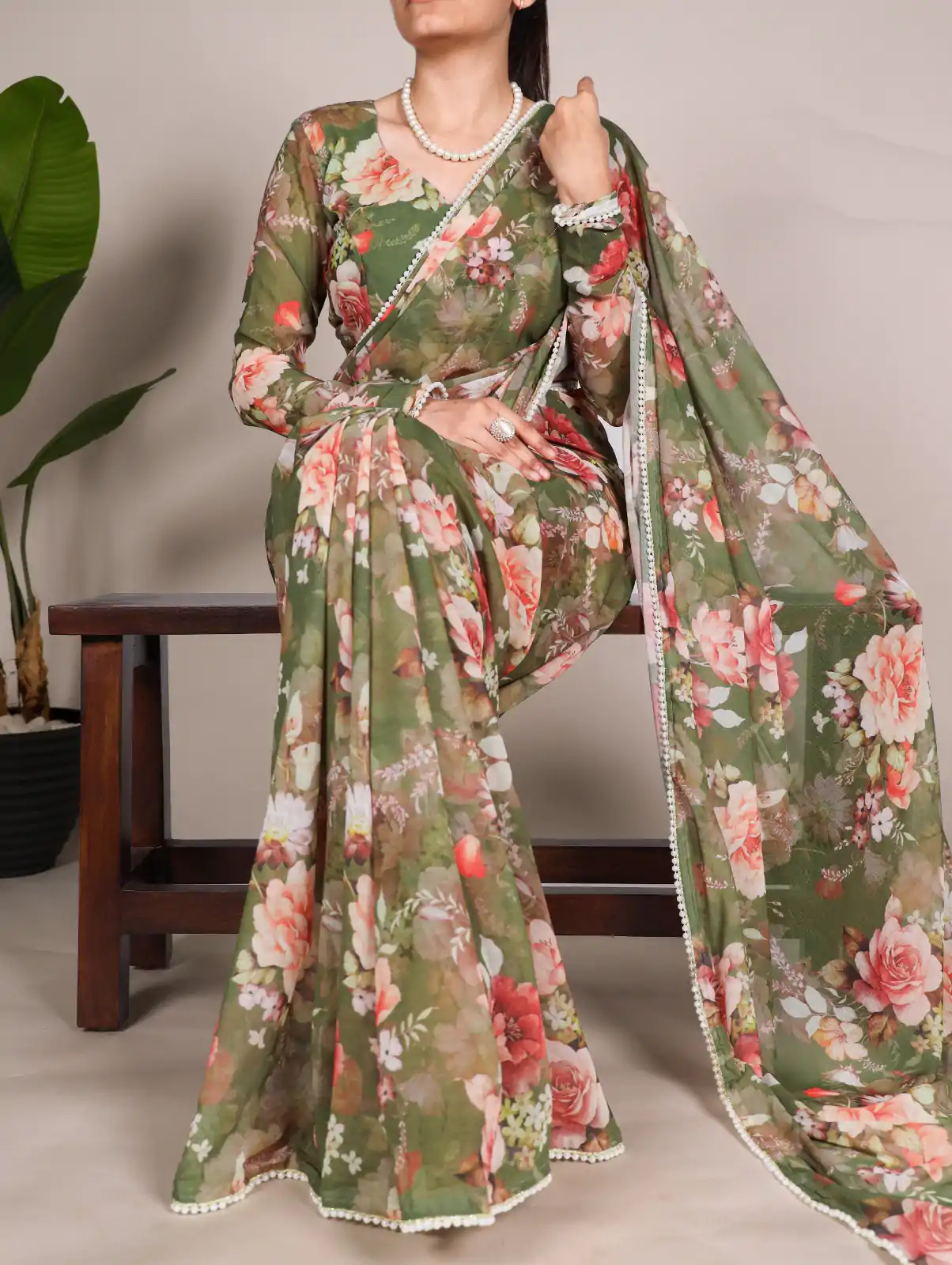 Mehandi Weightless Printed Pearl Saree - Image 5