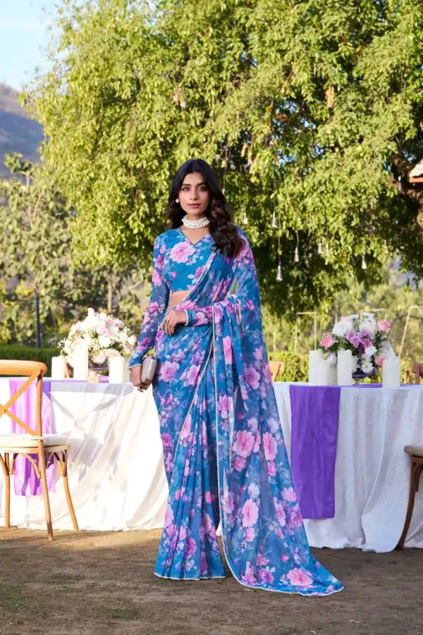 Blue Weightless Printed Pearl Saree