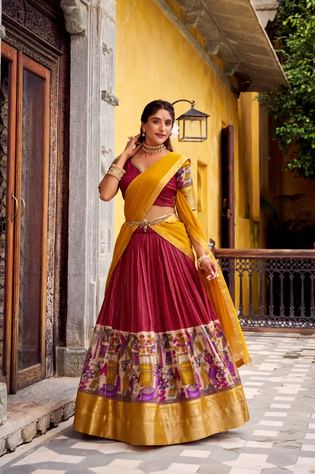 Red Chanderi Kalamkari Lehenga Choli