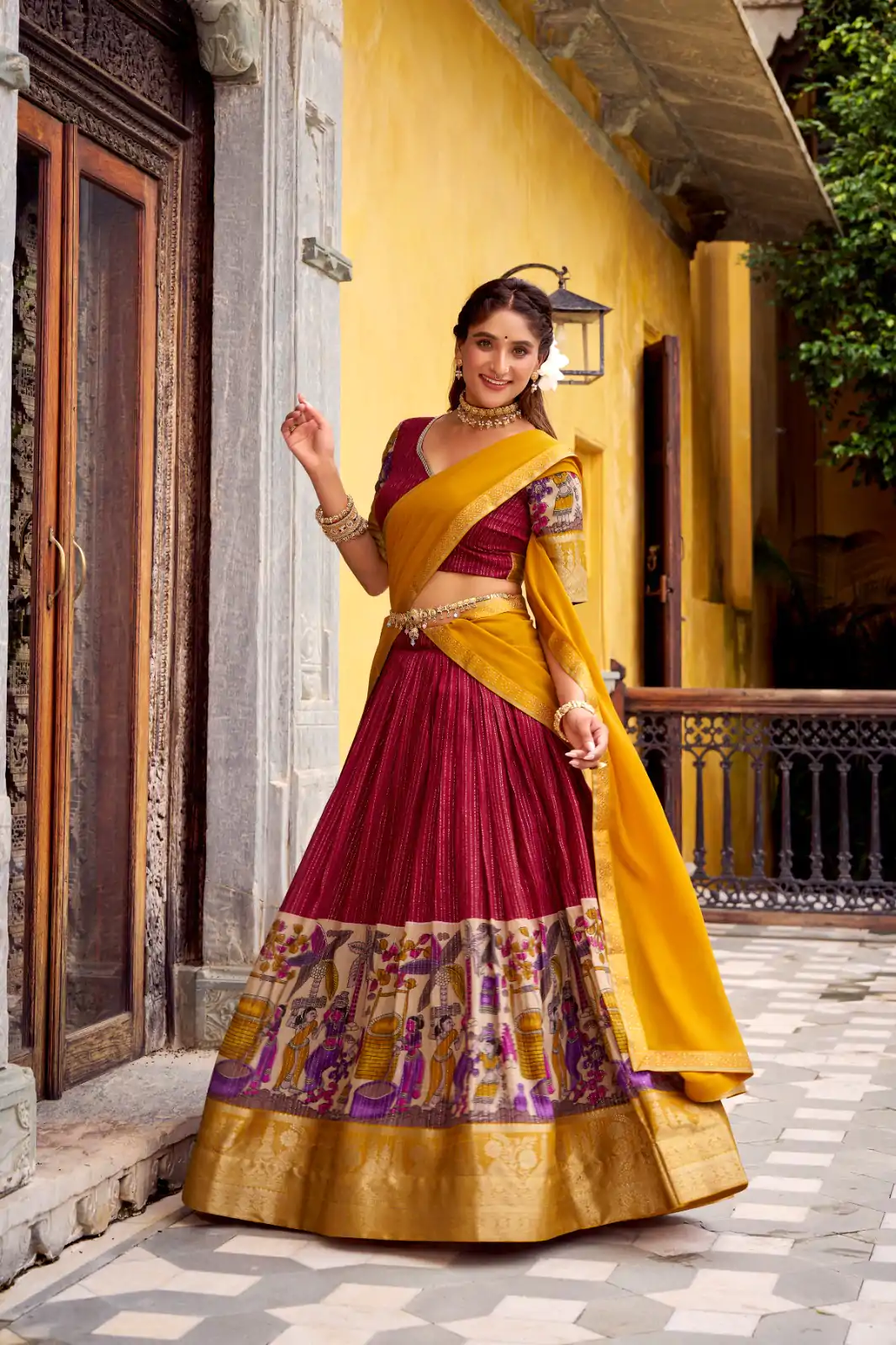 Red Chanderi Kalamkari Lehenga Choli - Image 3