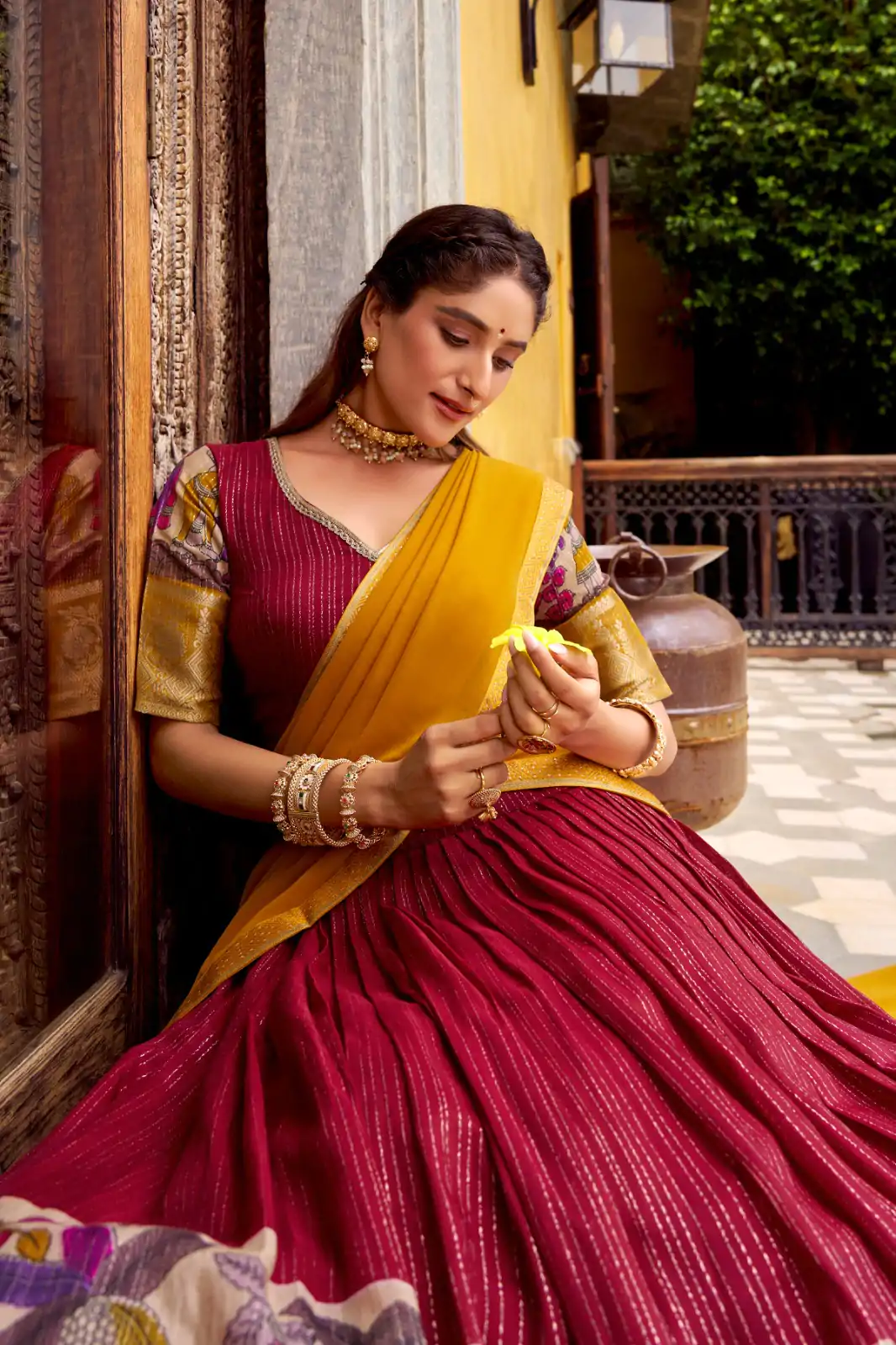 Red Chanderi Kalamkari Lehenga Choli - Image 4