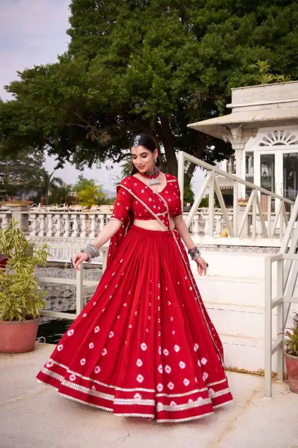 Red Chanderi Bandhej Lehenga Choli