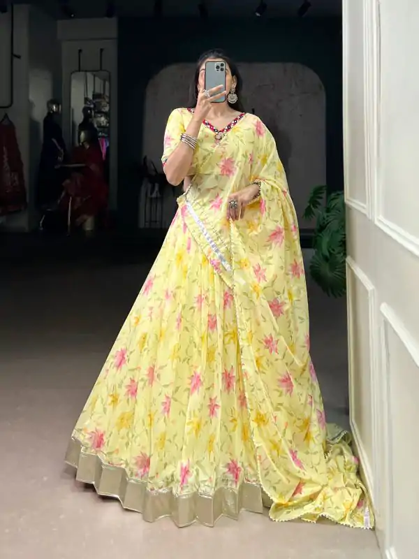 Yellow Tabby Embossed Print Lehenga Choli