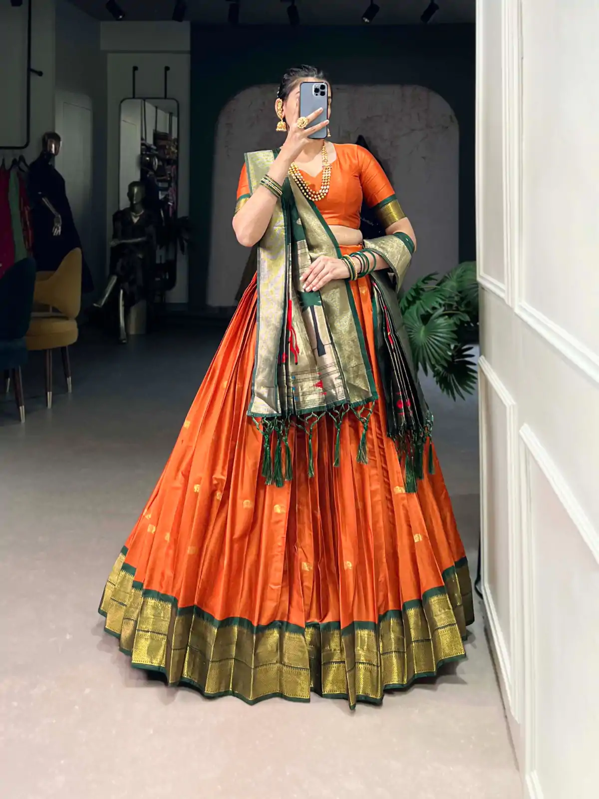 Orange Jacquard Zari Lehenga Choli