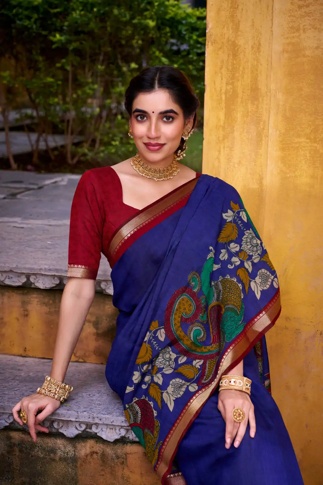 Blue Polyester Kalamkari Saree - Image 2