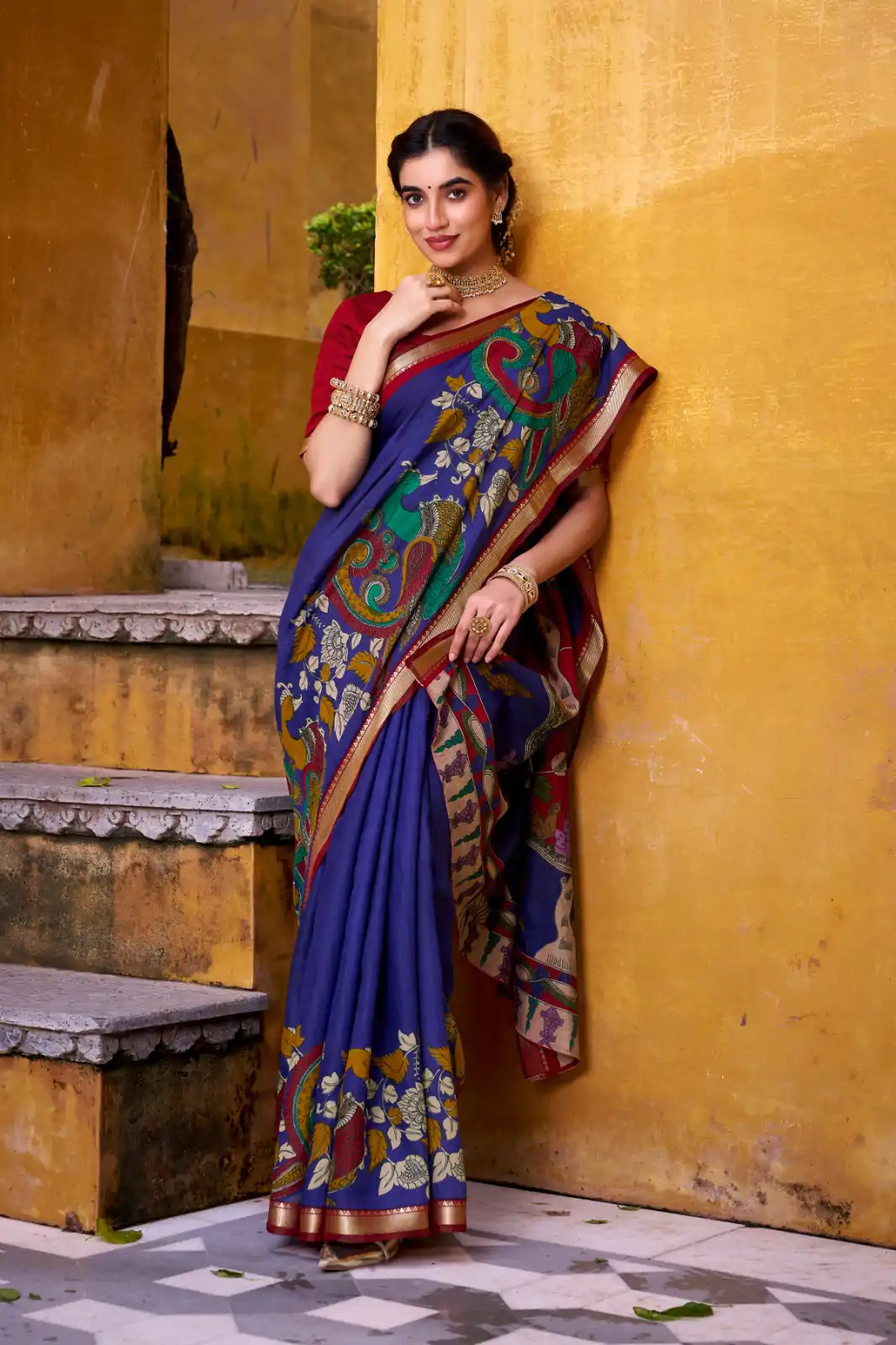 Blue Polyester Kalamkari Saree