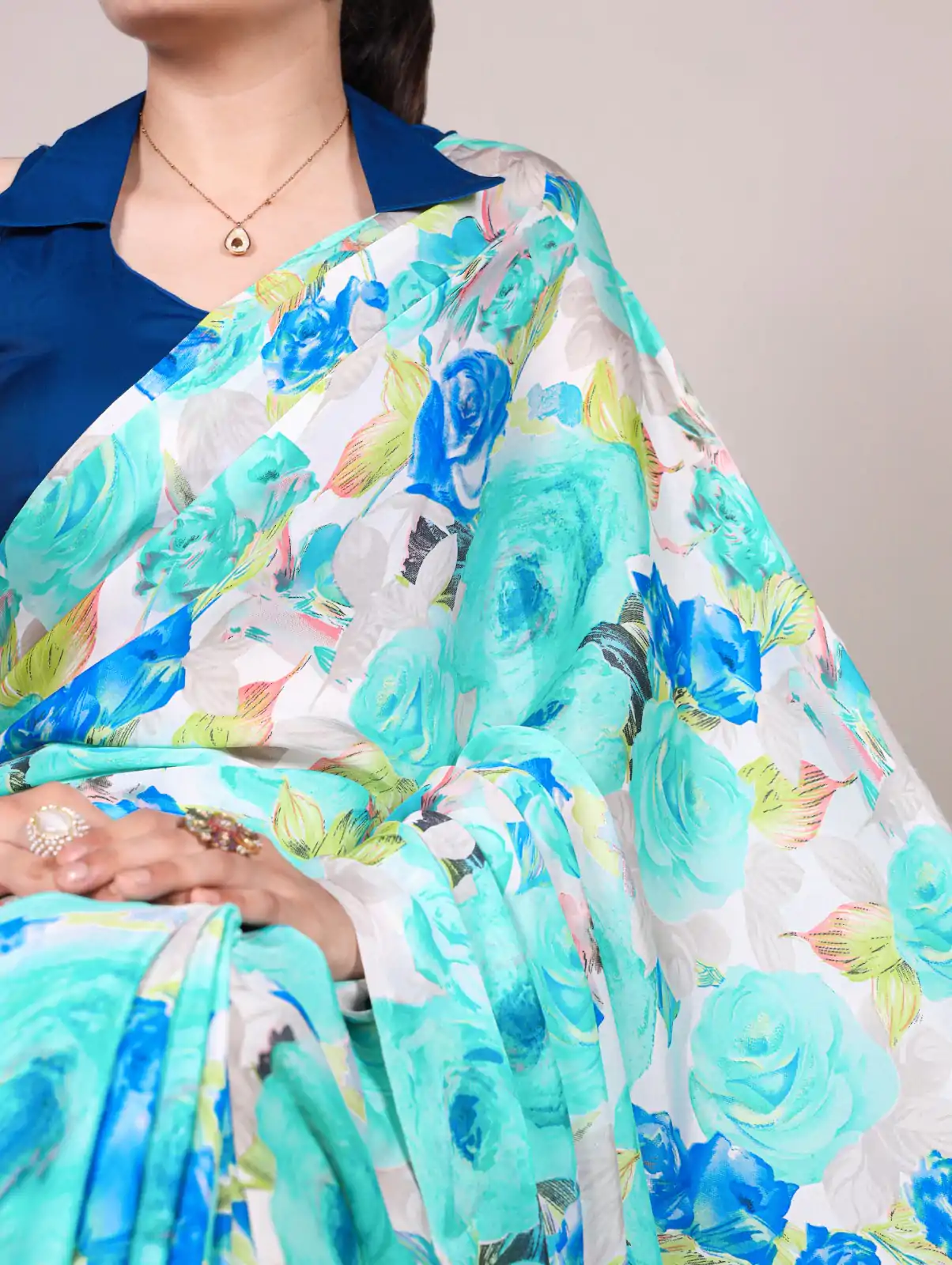 Firozi Dull Satin Printed Saree - Image 3