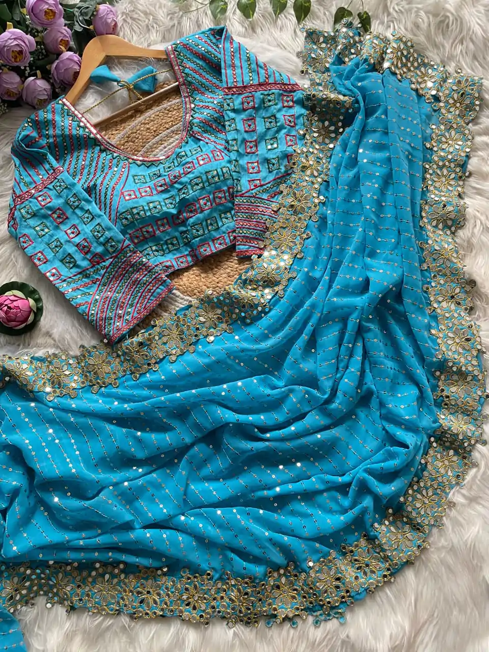 Firozi Georgette Sequence Print Saree - Image 2