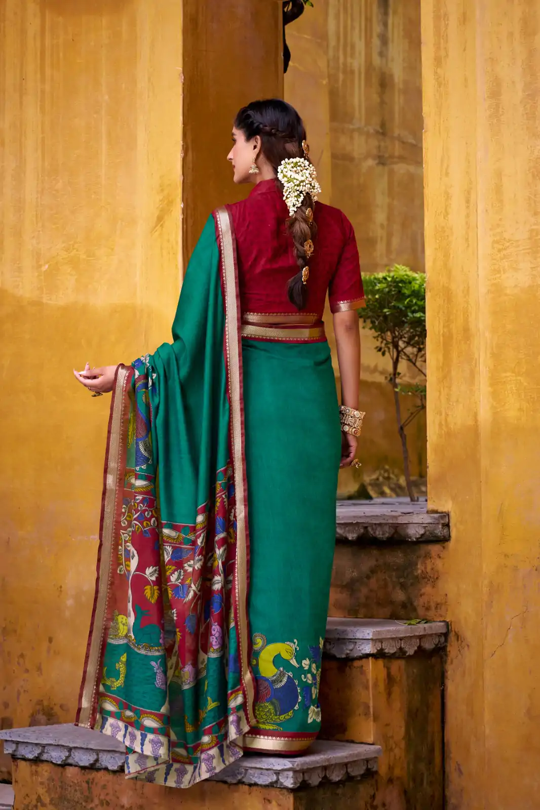 Firozi Polyester Kalamkari Saree - Image 3