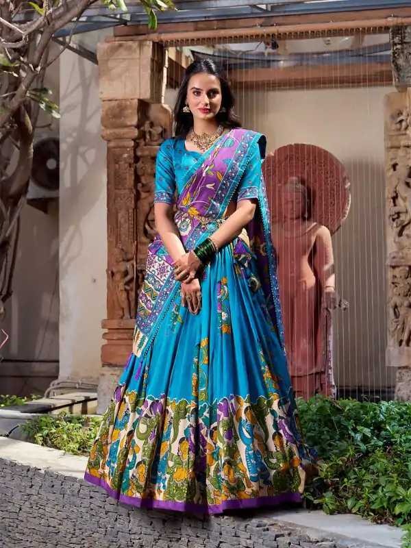 Firozi Silk Kalamkari Lehenga Choli