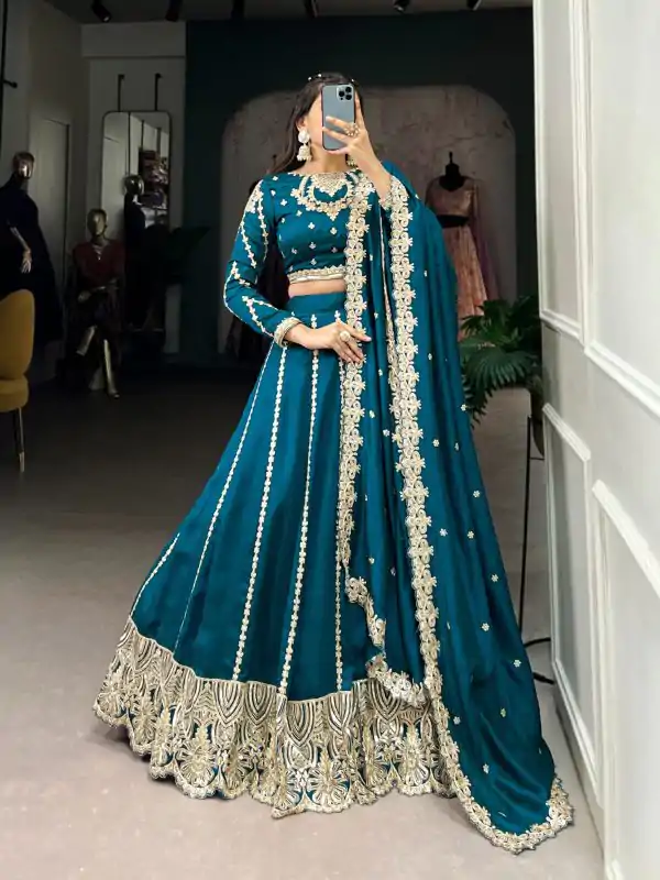 Firozi Vichitra Sequins Lehenga Choli