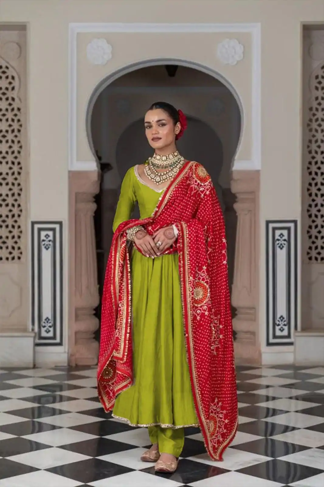 Green Chinon Border Lace Salwar Suit