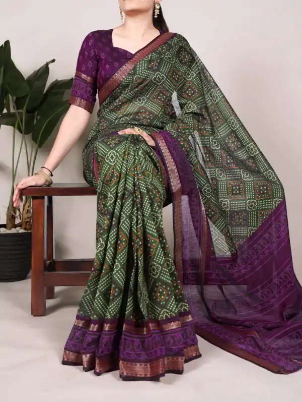 Green Polyester Weaving Printed Saree