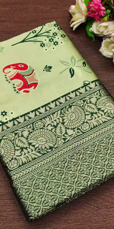 KP 6004 Green Soft Lichi Silk Jacquard Work With Designer Work Saree. Grab it for ₹1499. Delivery 4-6 Working Days. Shop now. | Designer Sarees, Embroidered Sarees, Sarees, Bollywood Sarees, Creative Sarees, Ethnic Saree, Modern Digital sarees, Party Wear Sarees