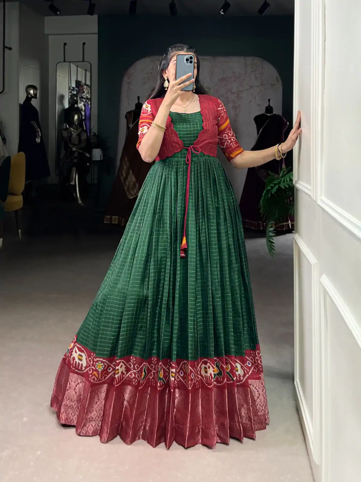 Green Tasar Chex Patola Print Gown - Image 2