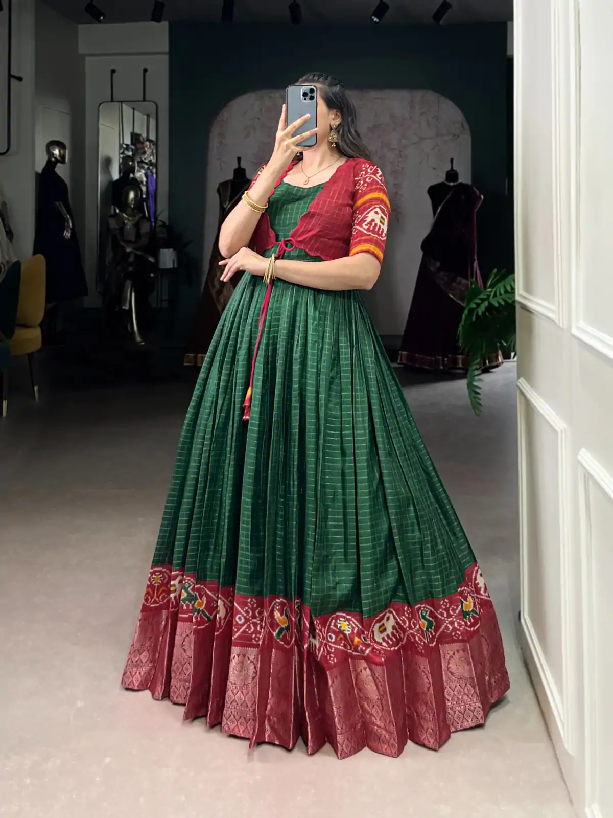 Green Tasar Chex Patola Print Gown - Image 3