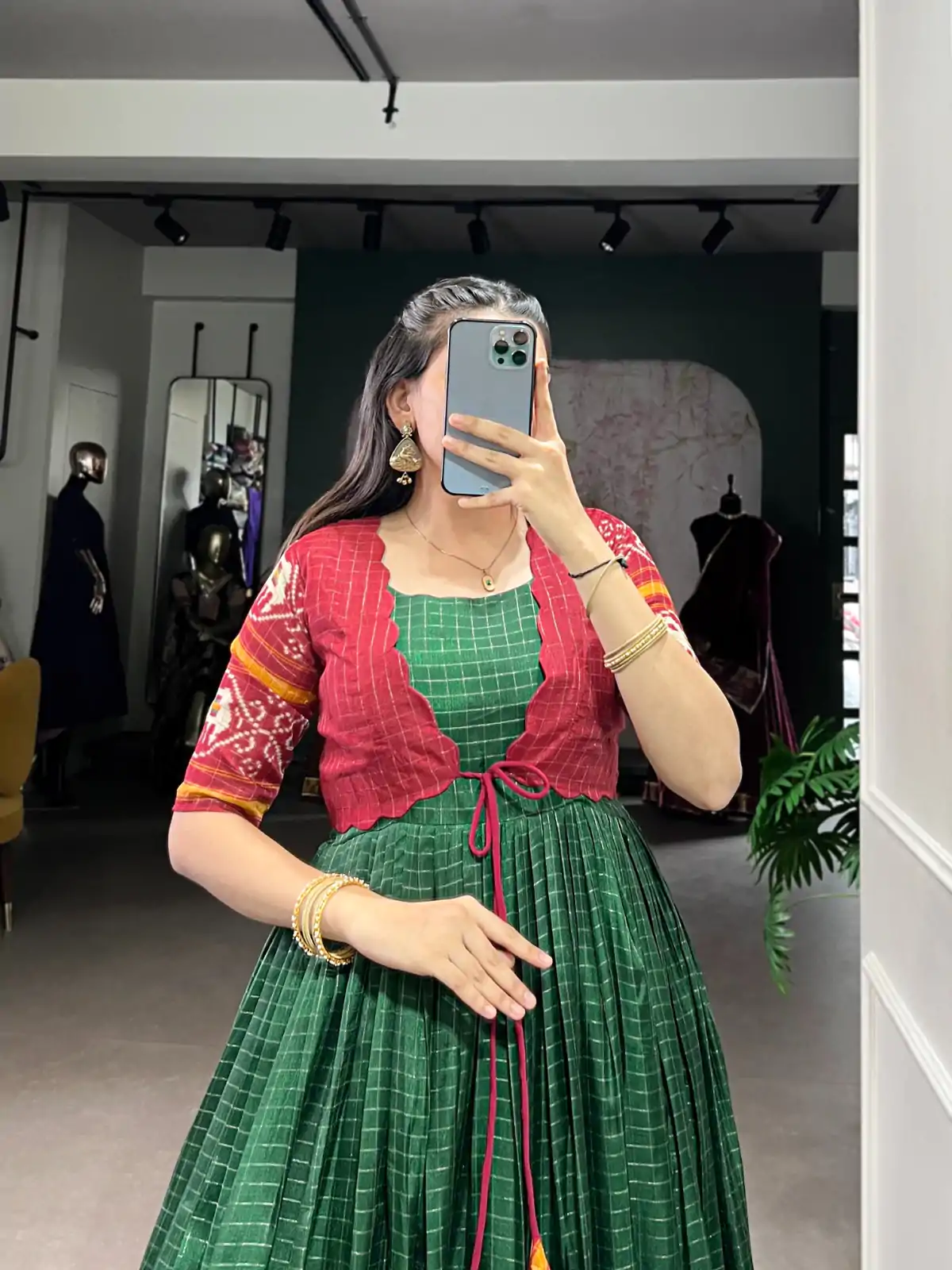 Green Tasar Chex Patola Print Gown - Image 4
