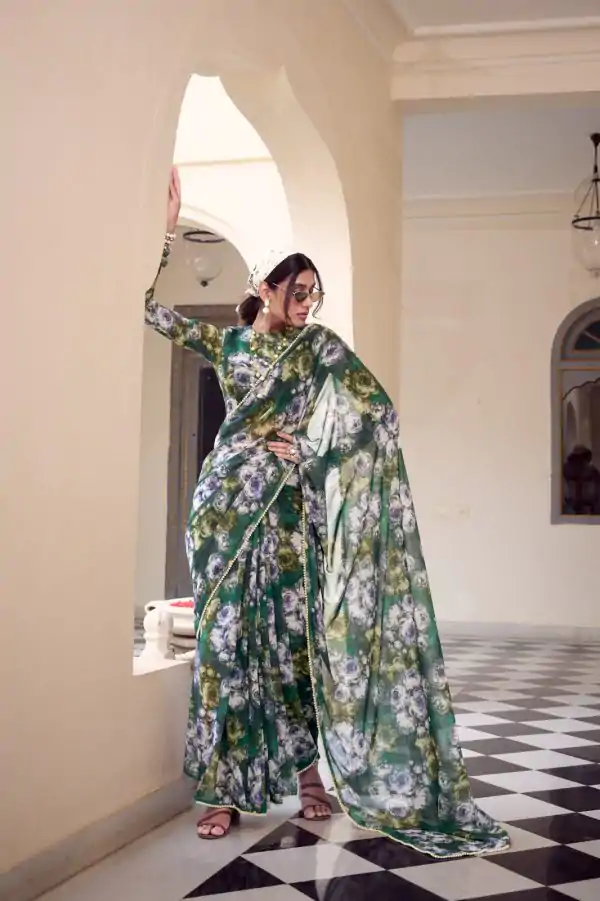 Green Weightless Floral Printed Saree