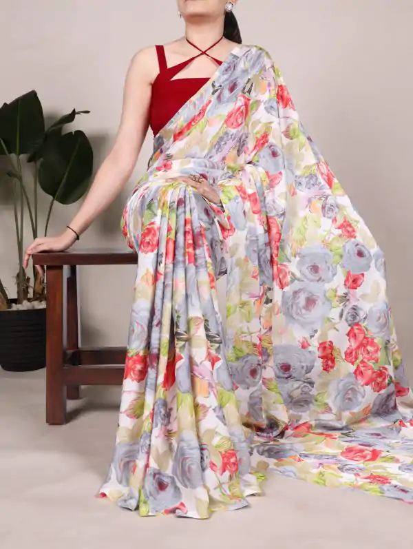 Grey Dull Satin Printed Saree