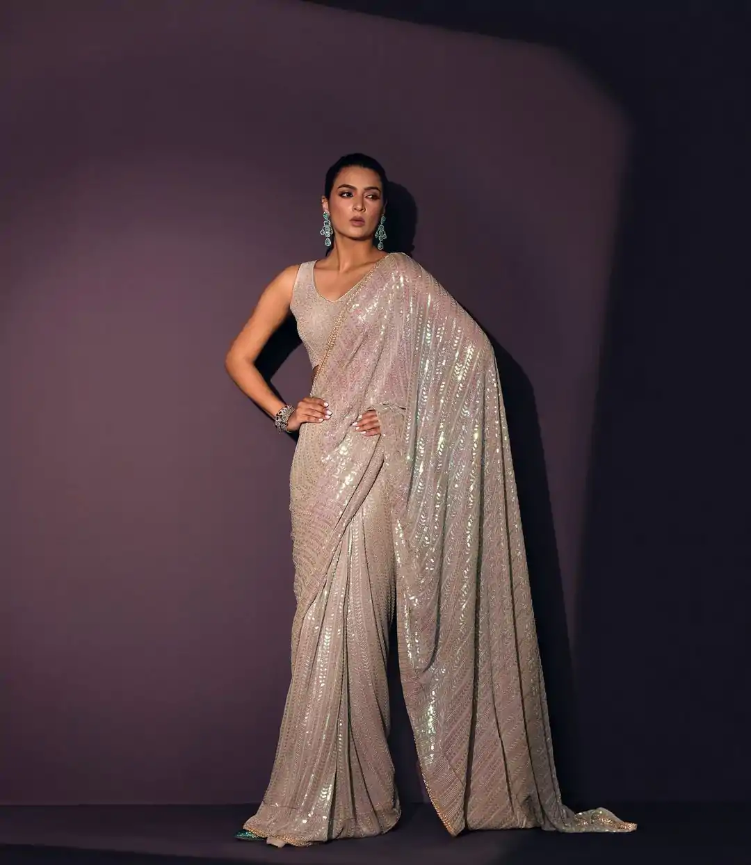 Grey Georgette Rainbow Sequins Saree
