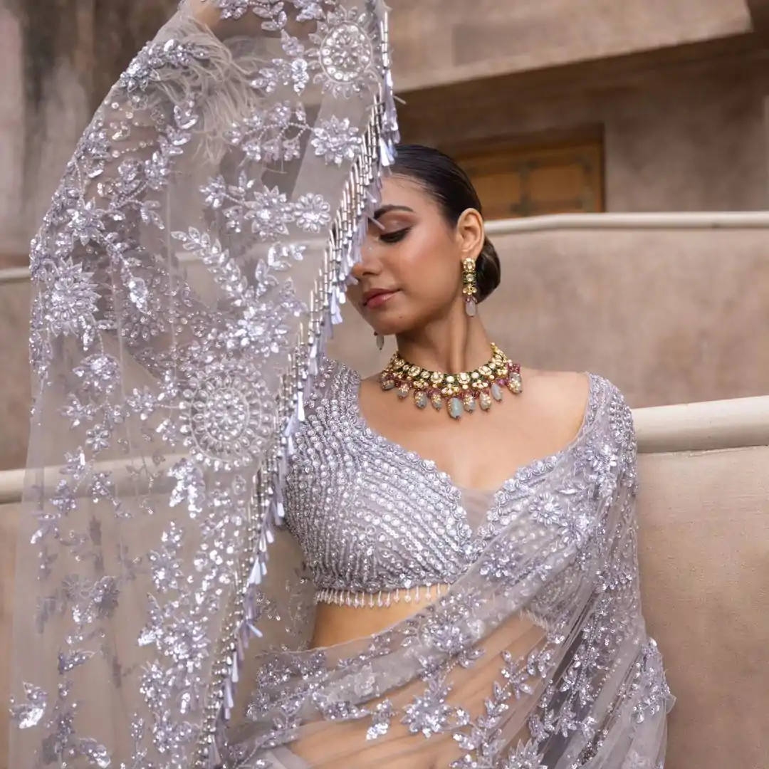 Grey Mono Net Embroidery Saree - Image 3