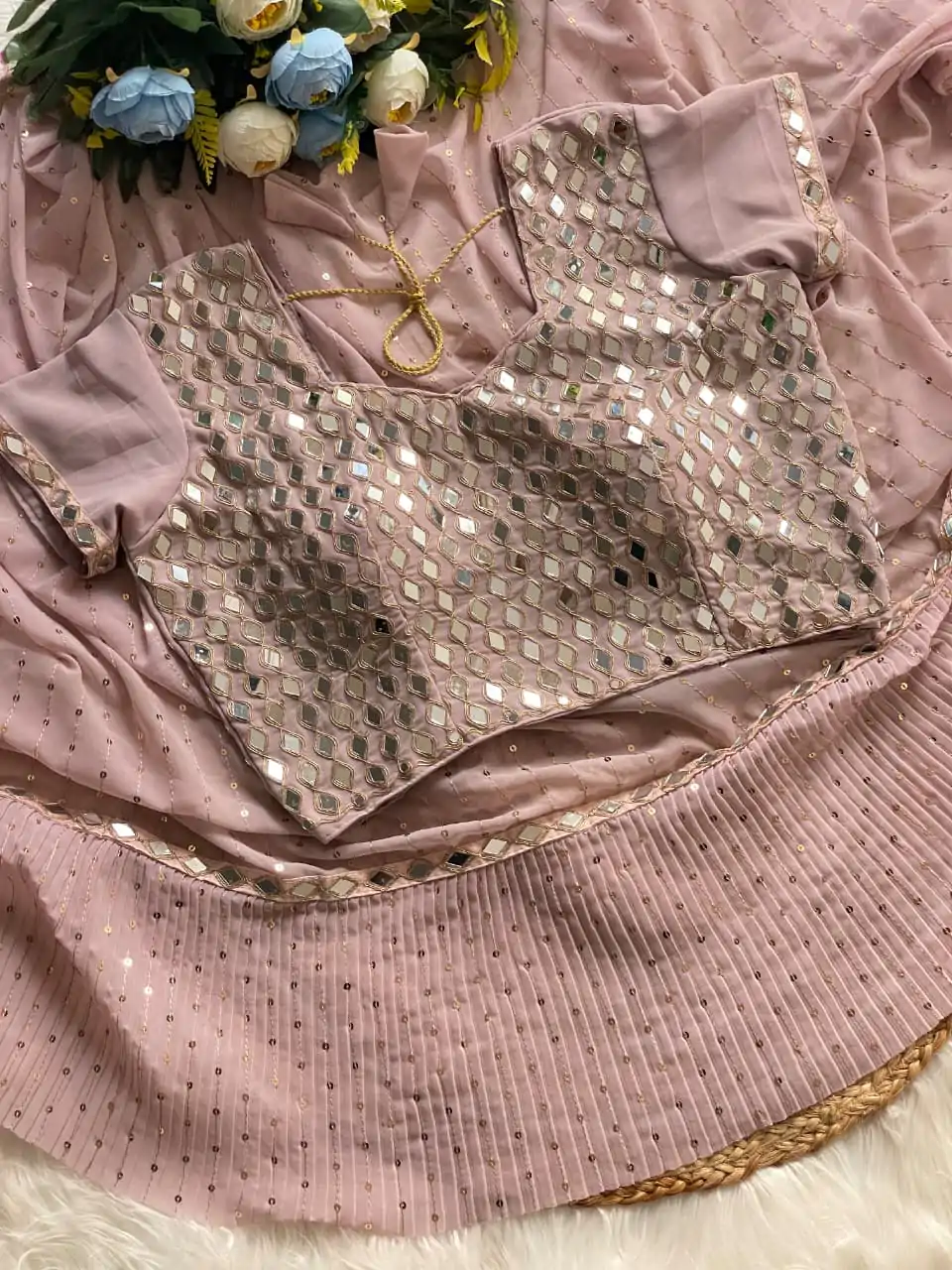 Light Peach Faux Georgette Sequence Saree - Image 3