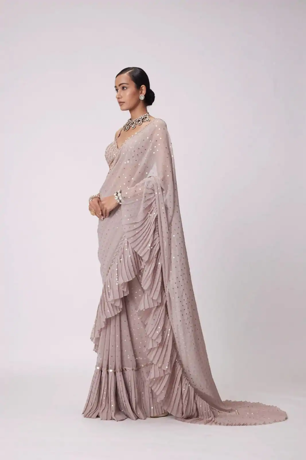 Light Peach Faux Georgette Sequence Saree - Image 7