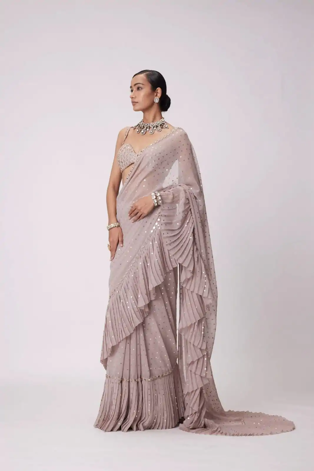 Light Peach Faux Georgette Sequence Saree